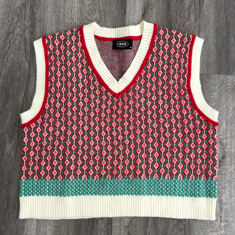 Cider Patterned Sweater Vest in Red, Green and Blue